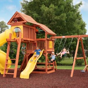 Parrot Island Fort w/ Wood Roof, 4x6 Monkey Bars, Loft, Yellow Wave Slide and Yellow Spiral Slide