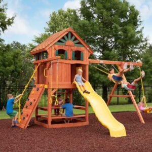 Parrot Island Fort w/ Wood Roof, Treehouse Panels and Yellow Wave Slide