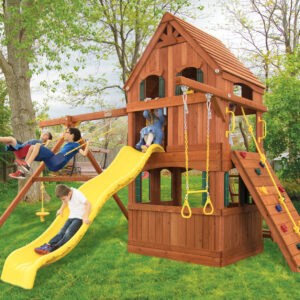 Parrot Island Fort w/ Wood Roof, Treehouse Panels, Playhouse Panels and Yellow Wave Slide