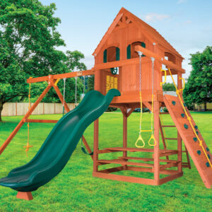 Parrot Island Fort XL w/ Wood Roof, Treehouse Panels and Green Wacky Wave Slide