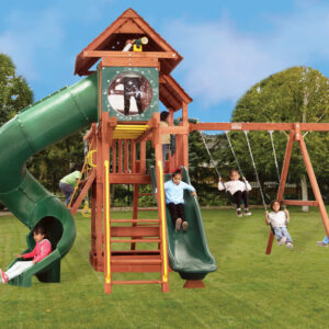 5.8 Bengal Fort w/Wood Roof, 4x6 Monkey Bars, Loft, Green Wacky Wave Slide and Green Spiral Slide