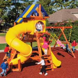 5.8 Bengal Fort w/ BYB Tarp, 4x6 Monkey Bars, Loft, Yellow DoubleWall Scoop Slide and Yellow Deluxe Spiral Slide