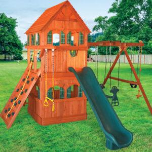 5.8 Bengal Fort w/ Wood Roof, Treehouse Panels, Playhouse Panels and Green DoubleWall Scoop Slide