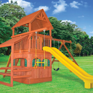 5.8 Bengal Fort w/ Wood Roof, Playhouse Panels, Snack Bar and Yellow DoubleWall Scoop Slide