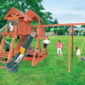 6.5 Bengal Fort w/ Wood Roof, 4x6 Monkey Bars, Loft, Green DoubleWall Scoop Slide and Green Spiral Slide