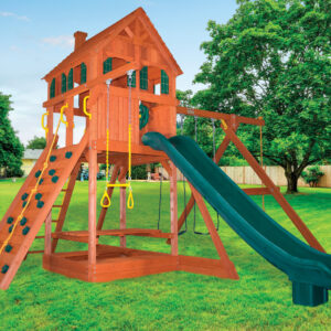 6.5 Bengal Fort w/ Wood Roof, Treehouse Panels, Chimney and Yellow DoubleWall Scoop Slide
