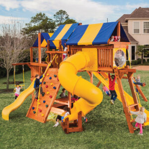 7.0 Bengal Fort DoubleDecker w/ BYB Tarp, 4x6 Monkey Bars, Loft, Yellow DoubleWall Scoop Slide and Yellow Deluxe Spiral Slide
