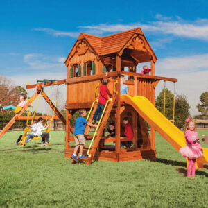 5.8 MegaDeck Fort w/ Wood Roof, Treehouse Panels and Yellow DoubleWall Scoop Slide