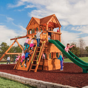 6.5 MegaDeck Fort w/ Wood Roof, Treehouse Panels, Playhouse Panels and Green DoubleWall Scoop Slide