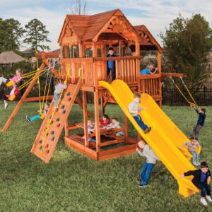 7.0 MegaDeck Fort DoubleDecker w/ Wood Roof, Treehouse Panels and Yellow DoubleWall Scoop Slide