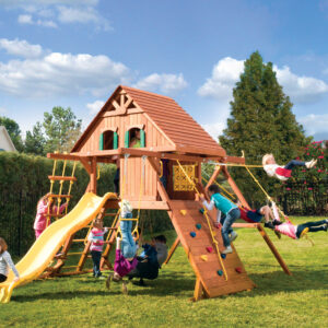 Parrot Island Playcenter w/ Wood Roof, Treehouse Panels and Yellow Wave Slide