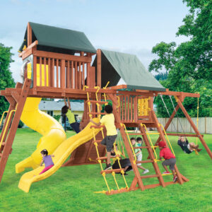 Parrot Island Playcenter w/ Green Tarp, 4x6 Monkey Bars, Loft, Yellow Wave Slide and Yellow Spiral Slide