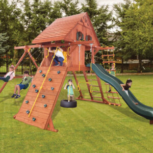 Parrot Island Playcenter XL w/ Wood Roof, Treehouse Panels and Green Wacky Wave Slide