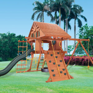 5.8 Jaguar Playcenter w/ Wood Roof, Treehouse Panels and Green Wacky Wave Slide