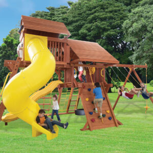 5.8 Jaguar Playcenter w/ Wood Roof, 4x6 Monkey Bars, Loft, Yellow Wacky Wave Slide and Yellow Spiral Slide