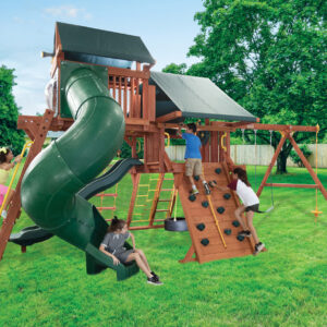 5.8 Jaguar Playcenter w/Green Tarp, 4x6 Monkey Bars, Loft, Green Wacky Wave Slide and Green Spiral Slide
