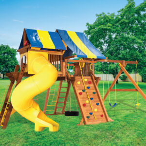 6.5 Jaguar Playcenter w/ BYB Tarp, 4x6 Monkey Bars, Loft, Yellow DoubleWall Scoop Slide and Yellow Spiral Slide