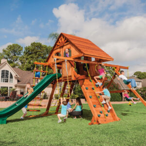 6.5 Jaguar Playcenter w/ Wood Roof, Treehouse Panels and Green DoubleWall Scoop Slide