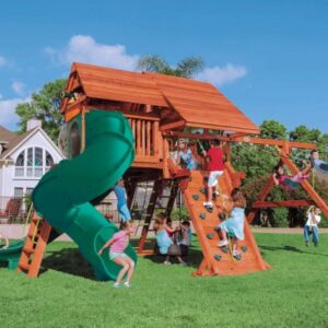 6.5 Jaguar Playcenter w/ Wood Roof, 4x6 Monkey Bars, Loft, Green DoubleWall Scoop Slide and Green Deluxe Spiral Slide