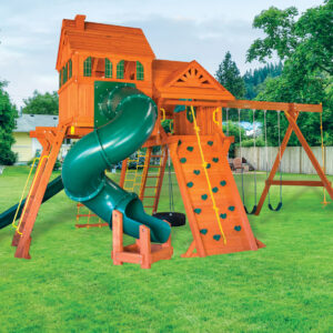 7.4 Jaguar MegaSized Playcenter w/Wood Roof, Dormer, 4x6 Monkey Bars, Cabin, Green DoubleWall Scoop Slide and Green Deluxe Spiral Slide