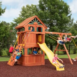 Parrot Island Fort XL w/ Wood Roof, Treehouse Panels, Playhouse Panels and Yellow Wacky Wave Slide